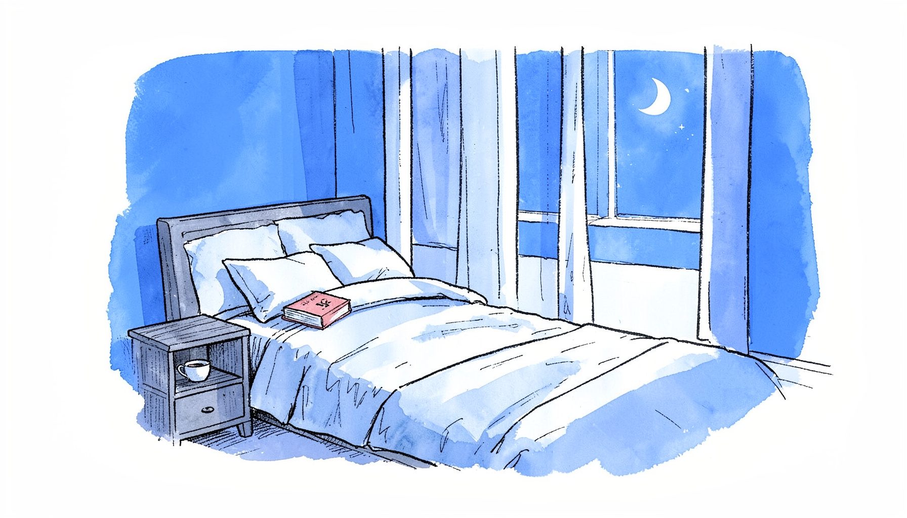 手绘墨水插画，卧室里柔和的月光透过窗帘，床头柜上放着一本书和一杯茶，氛围安静放松