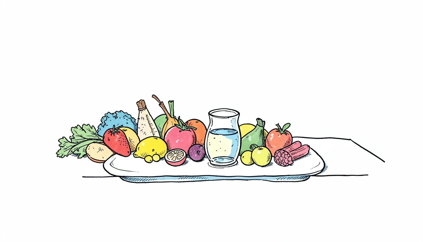 手绘墨水插画，厨房台面上摆放着新鲜水果、蔬菜和一杯水，线条简洁，色调清新自然