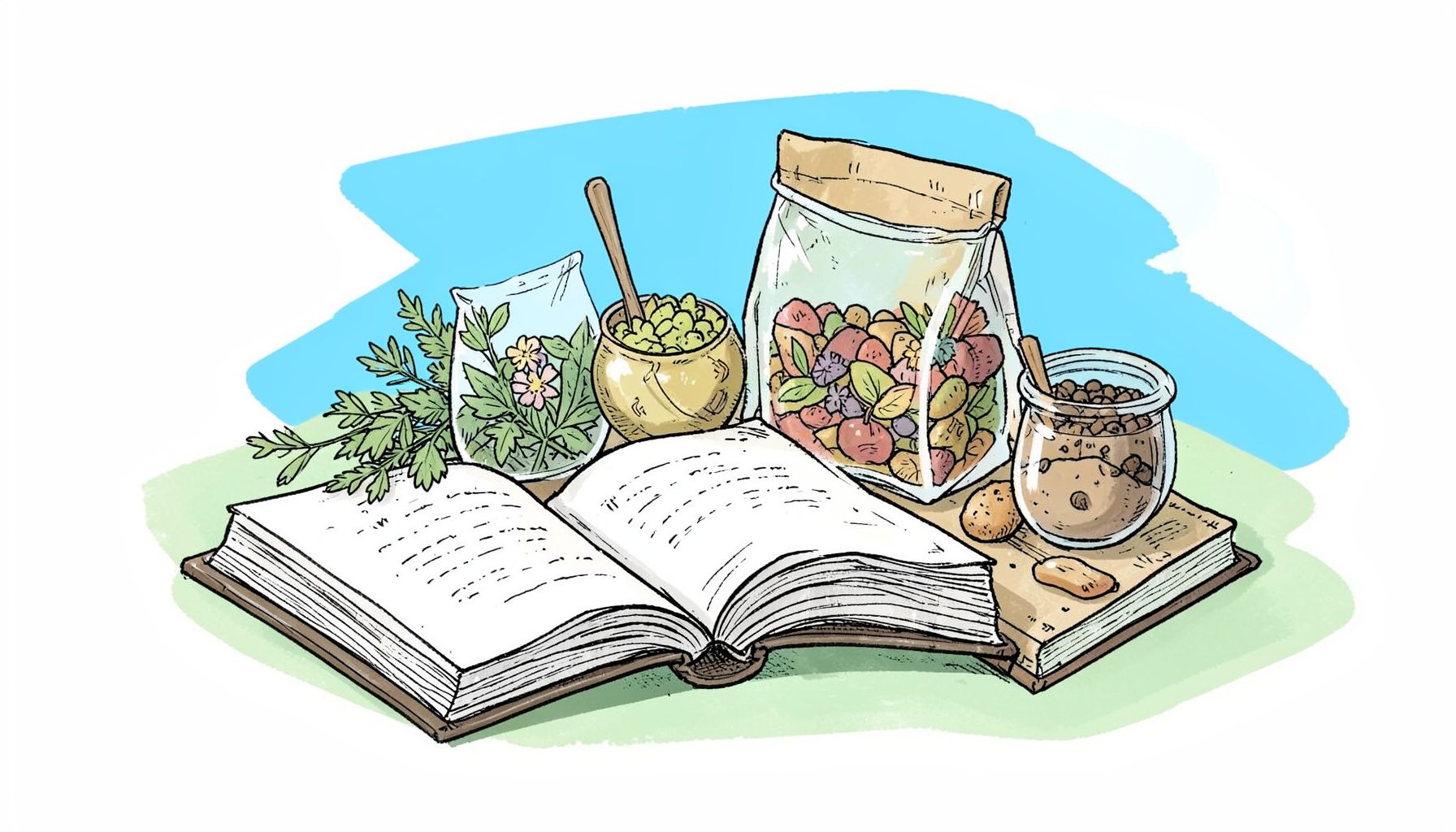 手绘风格插画：一本打开的书旁边放着几袋花草茶和天然零食，背景为浅绿色，笔触温暖自然。
